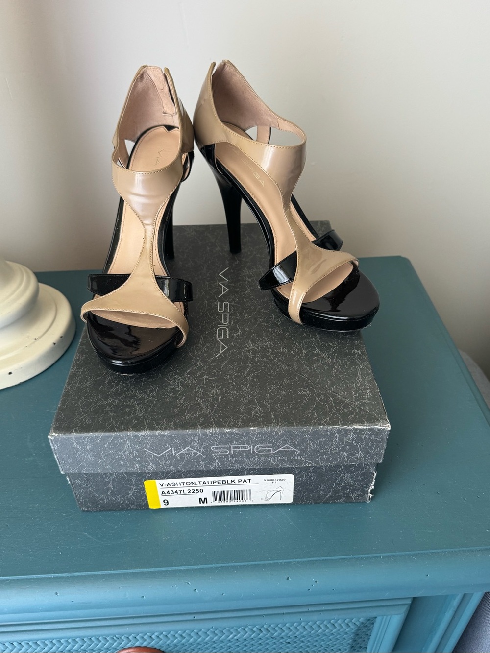 Via Spiga Taupe and Black Patent T-Strap High Heels
